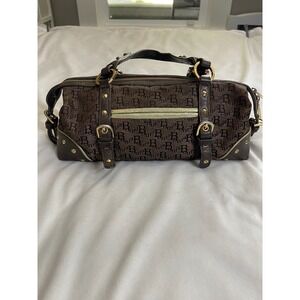 Bonia Monogram Canvas Satchel Bag Brown Leather Trim Gold Hardware Studded